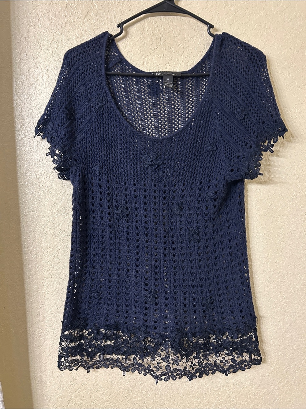 INC International Concepts Navy Blue Crochet Open Knit Top Lace Appliqué M-L105